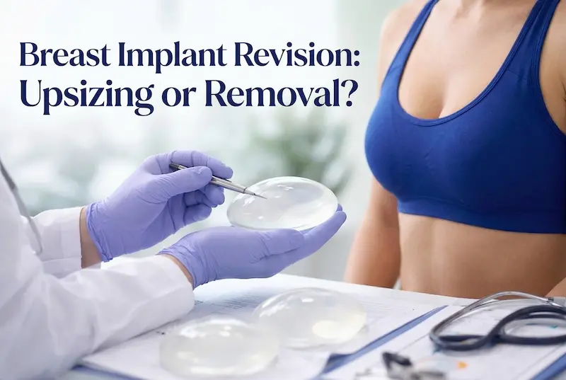 Breast implant revision consultation showing a surgeon holding an implant beside a woman in a blue bra, discussing upsizing or removal.