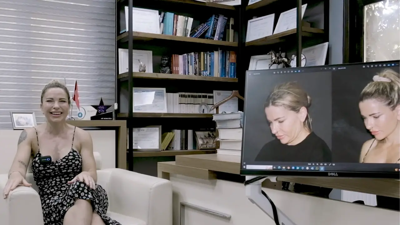 A satisfied female patient from abroad at AKM Clinic in Turkey, sharing her positive feedback after a successful plastic surgery and deep plane facelift procedure.