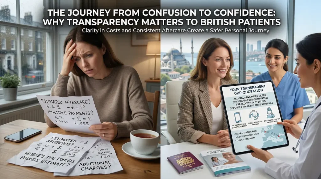 Finance for plastic surgery in Turkey image showing a British patient comparing unclear costs with a transparent GBP quotation and aftercare support.
