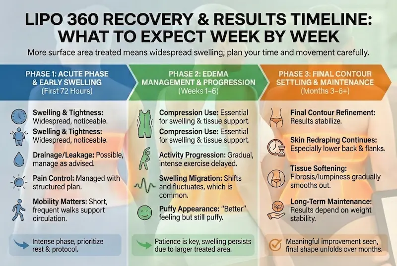 Recovery and results timeline for lipo 360 infographic showing what to expect week by week across early swelling, weeks 1–6 edema management, and months 3–6+ final contour settling.