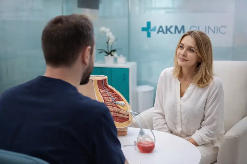 Post-op follow-up consultation at AKM Clinic discussing tummy tuck recovery timeline, with an anatomical model explaining swelling, fluid management, and activity restrictions.