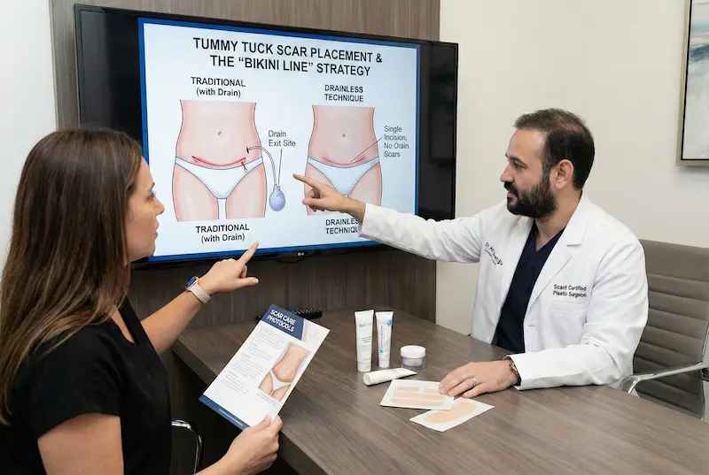 Surgeon consultation showing tummy tuck scar placement planning on a screen, comparing traditional tummy tuck drain exit site vs. drainless technique along the bikini line.