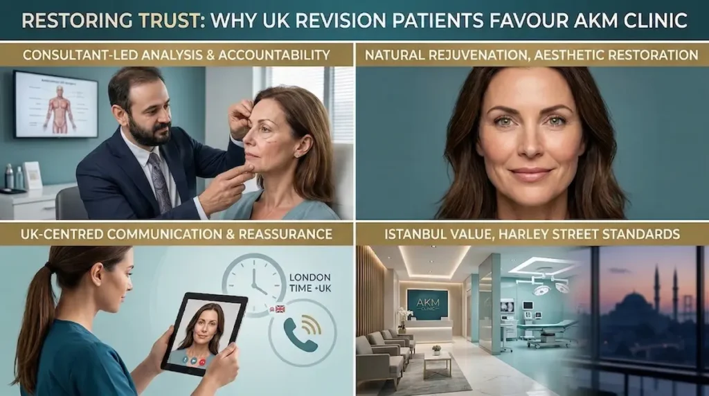 Revision facelift specialist at AKM Clinic showing consultant-led assessment, natural results, UK-centred communication and Istanbul value for British patients.