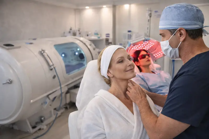 The AKM Clinic approach to post-op skin quality: surgeon-led recovery-first consultation with HBOT chamber and LLLT recovery therapy in the background.