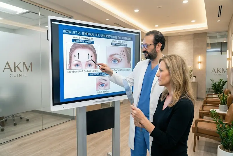 Surgeon explaining brow lift vs temporal lift on a medical display during an in-clinic consultation, showing what each lift actually changes in the upper face.