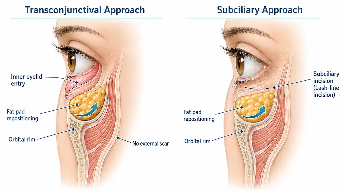 Diagram comparing transconjunctival and subciliary lower eyelid surgery approaches, showing fat pad repositioning over the orbital rim.