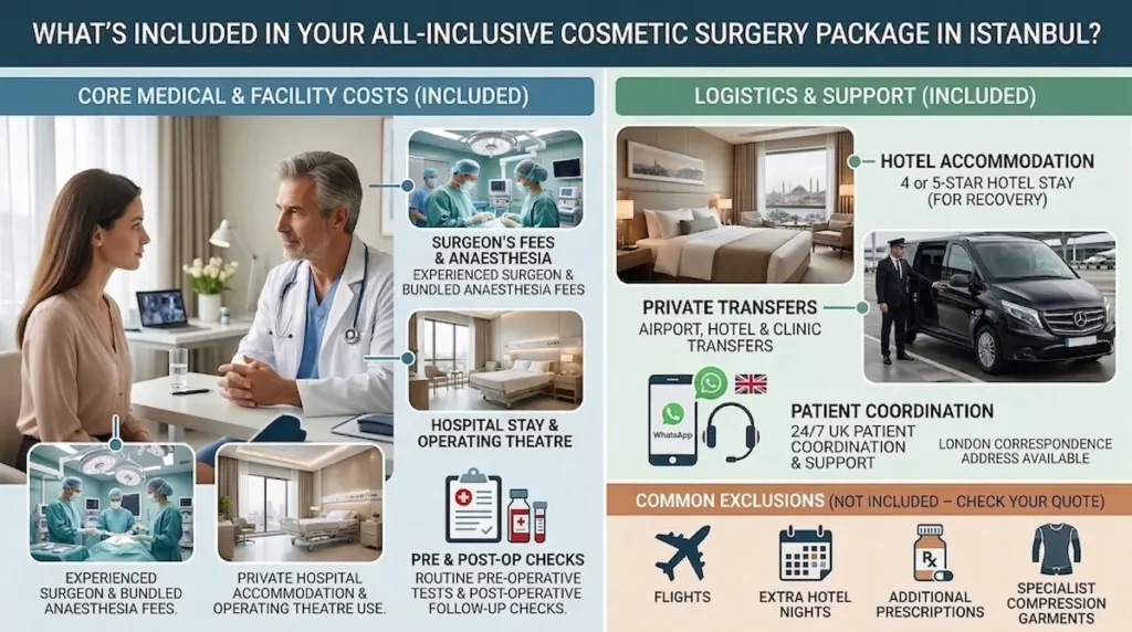 Finance for plastic surgery in Turkey infographic showing what is included in an all-inclusive Istanbul package, from surgeon fees and anaesthesia to hotel, transfers and follow-up care.