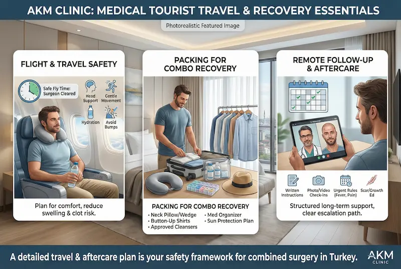 Travel logistics infographic for medical tourists in Turkey: flight safety tips, packing list for combo recovery, and remote follow-up aftercare plan.