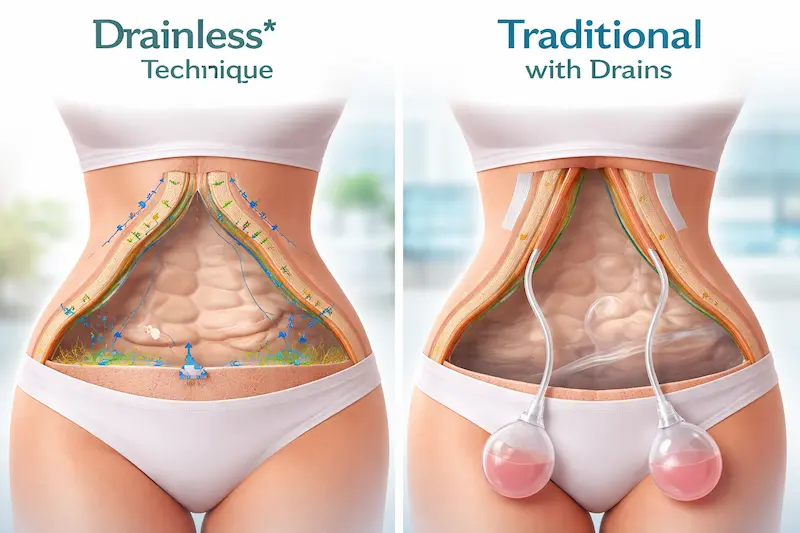 Comparison diagram of drainless tube tummy tuck technique versus traditional tummy tuck with drains, showing internal fixation and drainage tubes.