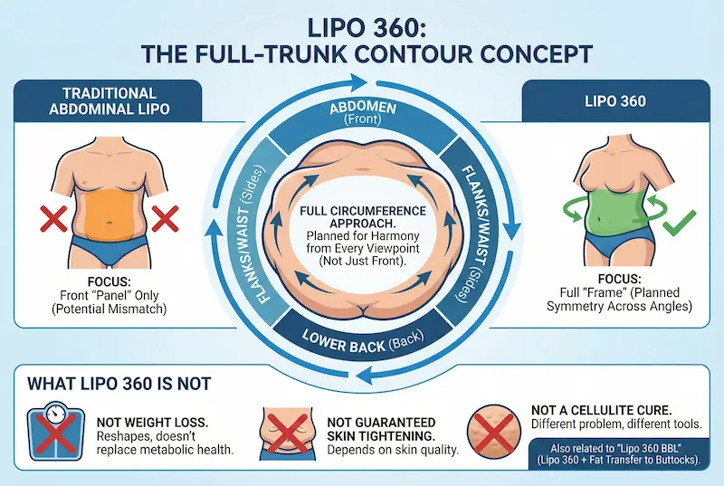 What does lipo 360 mean infographic comparing traditional abdominal lipo vs lipo 360 full-trunk contour concept (abdomen, flanks/waist, lower back) and what lipo 360 is not.