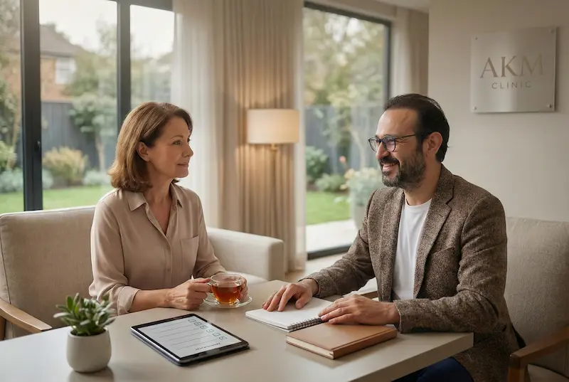 what-emotional-trust-really-means-before-surgery consultation at akm clinic with a patient speaking calmly with a surgeon, highlighting emotional trust and mental preparation before surgery.