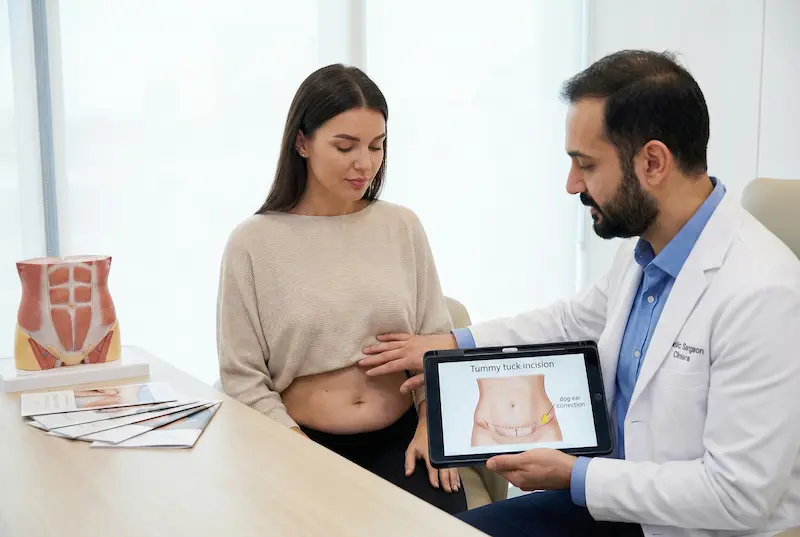 Surgeon consultation explaining what a tummy tuck revision is and when it’s needed, using a tablet to review incision and dog ear correction