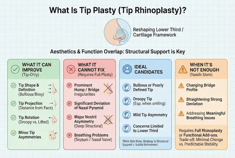 What is tip plasty infographic explaining tip rhinoplasty, what it can improve, what it cannot fix, ideal candidates, and when tip-only surgery is not enough.