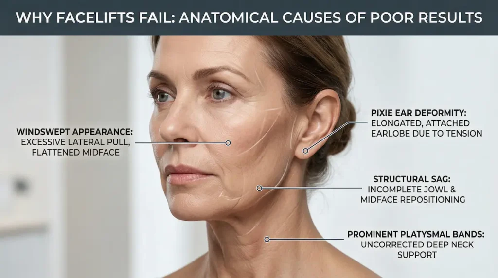 Revision facelift specialist diagram showing windswept appearance, pixie ear deformity, structural sag and platysmal bands after poor facelift results.