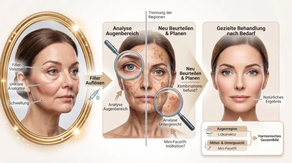 Infografik zu filler entfernung augen mini facelift: Filler auflösen, Augenpartie neu beurteilen und Mini-Facelift nur bei Bedarf planen.