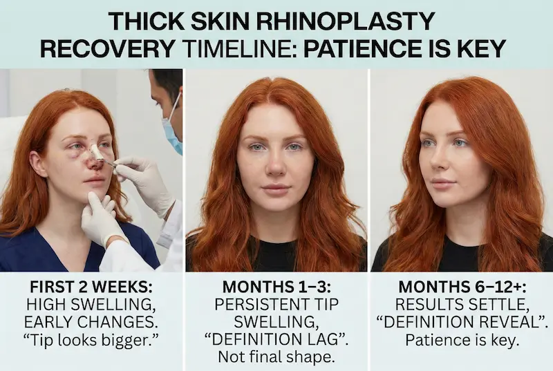 Thick skin rhinoplasty recovery timeline graphic showing stages from first 2 weeks to months 1–3 and months 6–12+, highlighting swelling, tip definition lag, and when results settle.