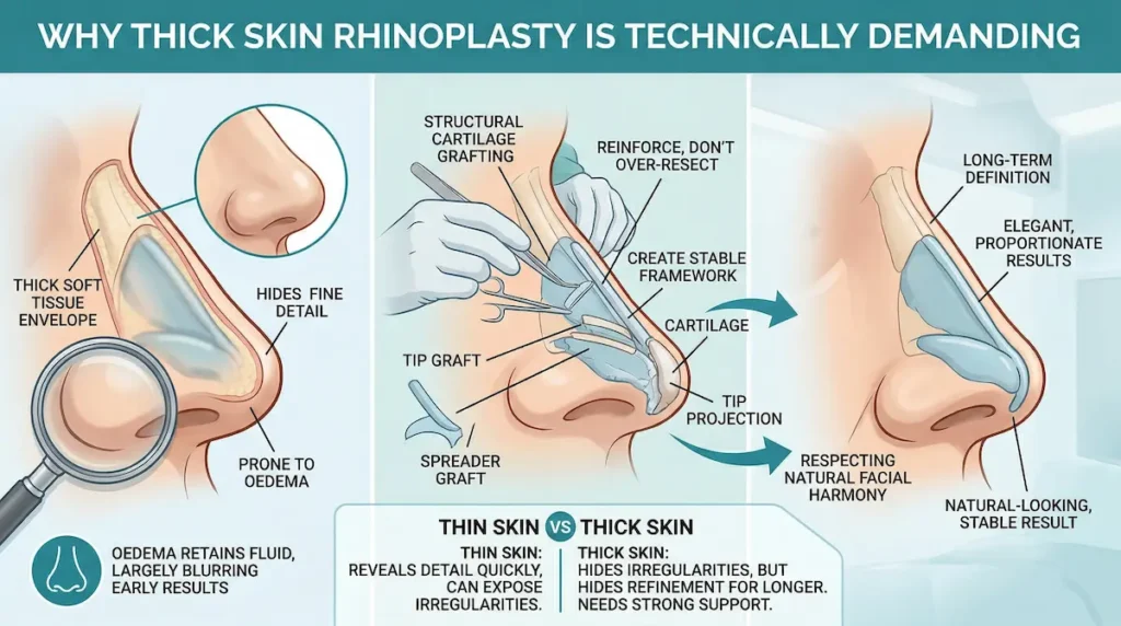 Infographic explaining thick skin rhinoplasty, showing a thick soft tissue envelope, oedema, cartilage grafting, and tip support.