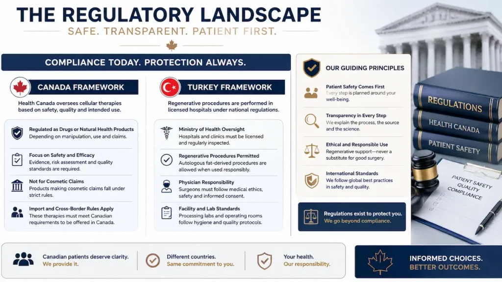 Stem cell assisted facelift surgery regulatory infographic comparing Health Canada and Turkey standards for patient safety.