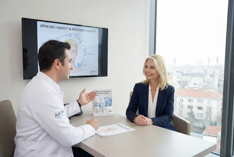 AKM Clinic consultation showing a doctor discussing stem cell facelift and recovery support with a patient, emphasizing a durability-focused facelift longevity plan.