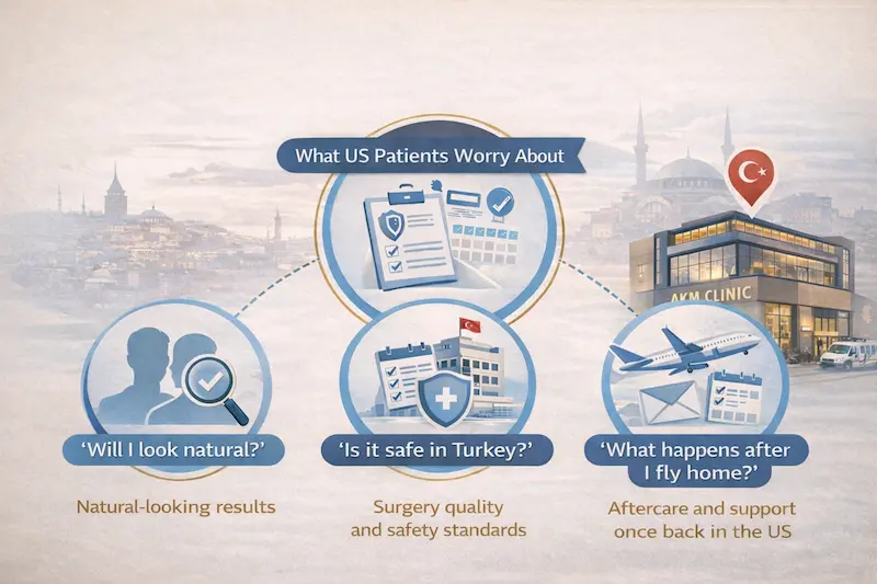 Akm clinic reviews infographic showing what US patients worry about before choosing AKM Clinic in Turkey: natural results, safety, and aftercare