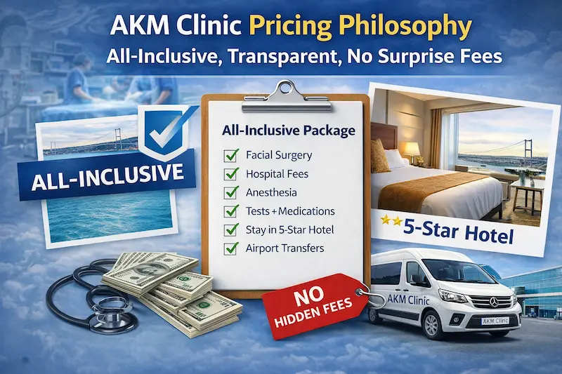 AKM Clinic pricing philosophy infographic showing an all-inclusive package checklist, 5-star hotel stay, airport transfers, and a “no hidden fees” tag.