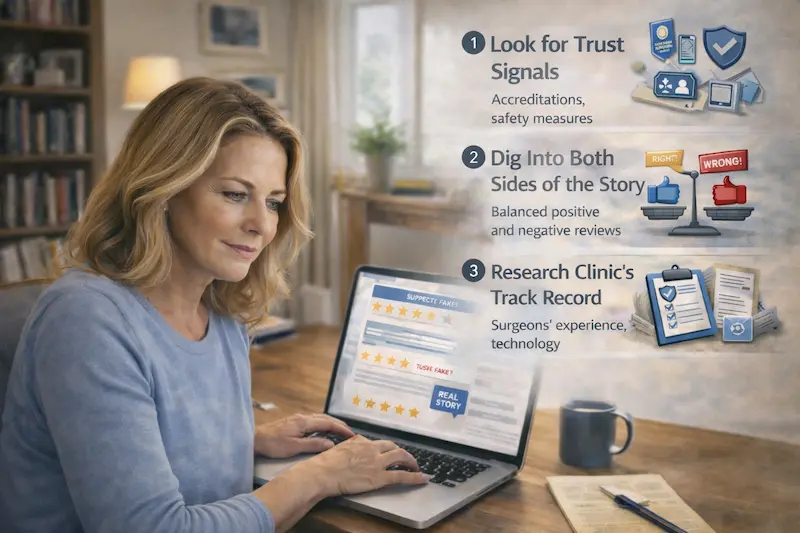 Akm clinic reviews expert patient checklist visual showing how to verify trust signals, compare balanced feedback, and research a clinic’s track record