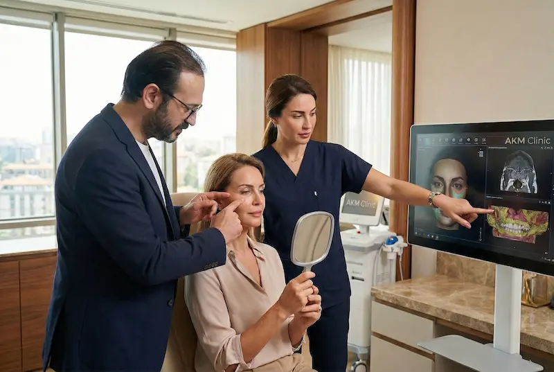 AKM Clinic consultation showing dermatosurgeon and facial plastic surgery team reviewing a patient’s face with imaging on a screen