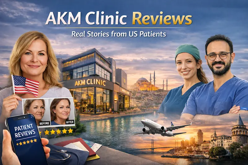 Akm clinic reviews cover image featuring US patient stories, AKM Clinic Istanbul, and Dr. Akif Mehmetoğlu with Dr. Göknil Gültekin