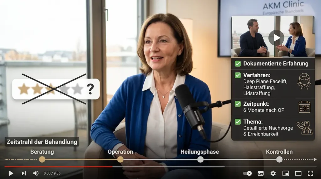 AKM Clinic Erfahrungen: Video-Erfahrungsbericht einer Patientin mit Angaben zu Behandlung, Zeitpunkt und Nachsorge.