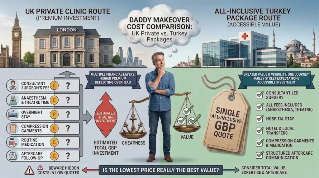 Infographic for daddy makeover turkey comparing UK private clinic costs with all-inclusive Turkey packages, highlighting consultant-led surgery, anaesthesia, theatre fees, hospital stay, aftercare, and transparent GBP pricing.