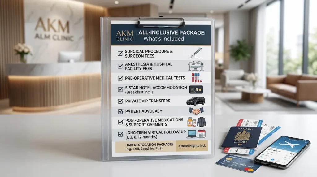 Infographic showing what is included when estimating the total cost of a Turkey trip for hair transplant from Canada.