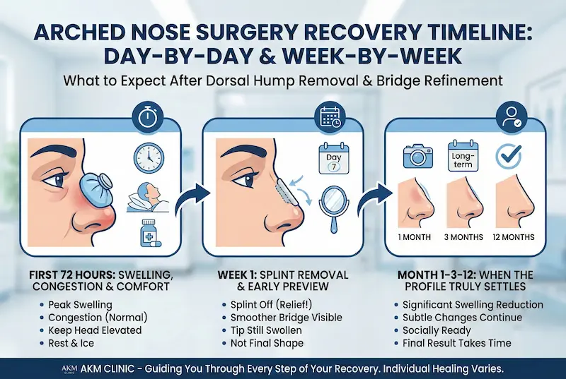 Arched nose surgery recovery timeline infographic showing first 72 hours, week 1 splint removal, and months 1–12 healing milestones after dorsal hump removal and bridge refinement