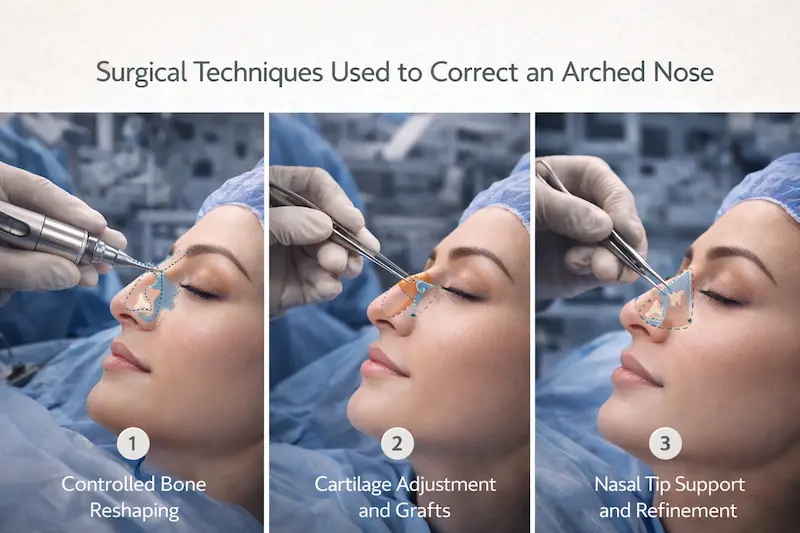 Three-panel rhinoplasty illustration showing surgical techniques to correct an arched nose: controlled bone reshaping, cartilage adjustment and grafts, and nasal tip support