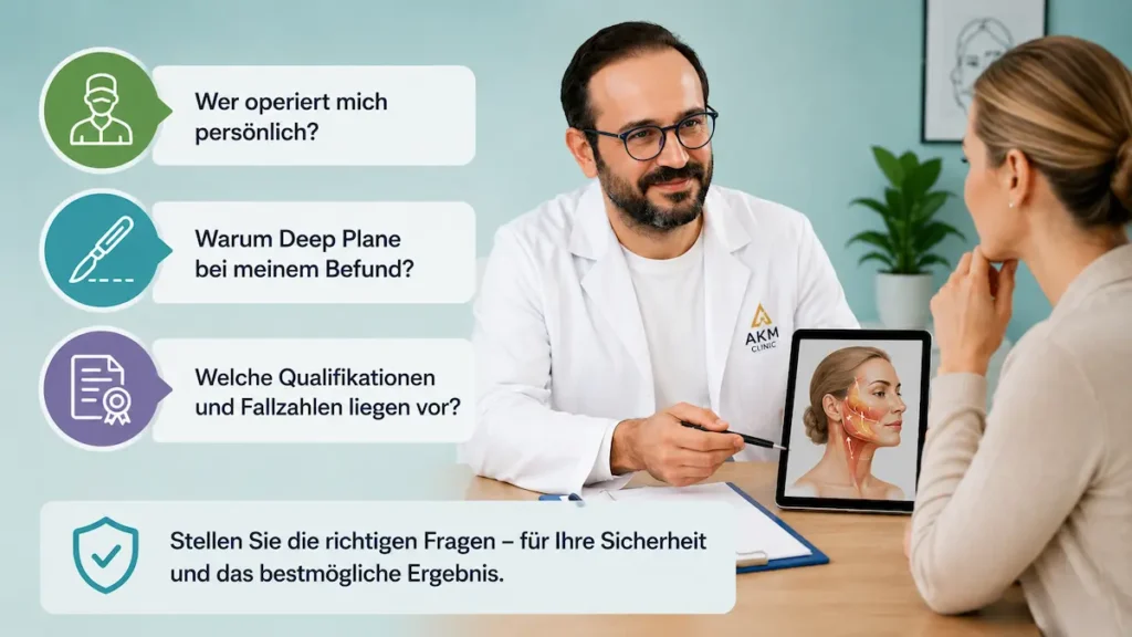 Deep Plane Facelift Spezialist Türkei: Beratung mit Fragen zu Operateur, Befund, Qualifikationen und Fallzahlen