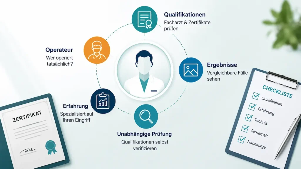 Infografik zu fragen an den chirurgen über Qualifikation, Erfahrung, Operateur und unabhängige Prüfung vor einer OP.