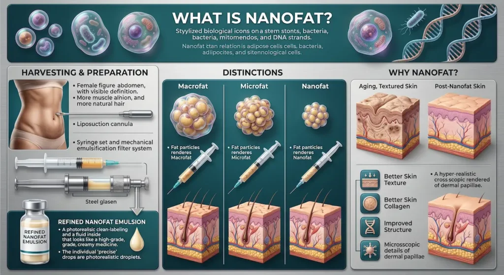 Nanofat grafting Turkey infographic comparing macrofat, microfat and nanofat preparation, particle size, and skin layers.