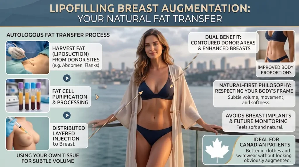 Lipofilling breast Turkey infographic explaining autologous fat transfer, donor-area contouring, and natural breast enhancement.