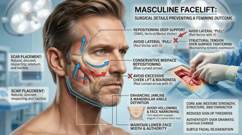 Diagram showing male facelift techniques, scar placement, deep support repositioning, and jawline definition to avoid a feminised result.