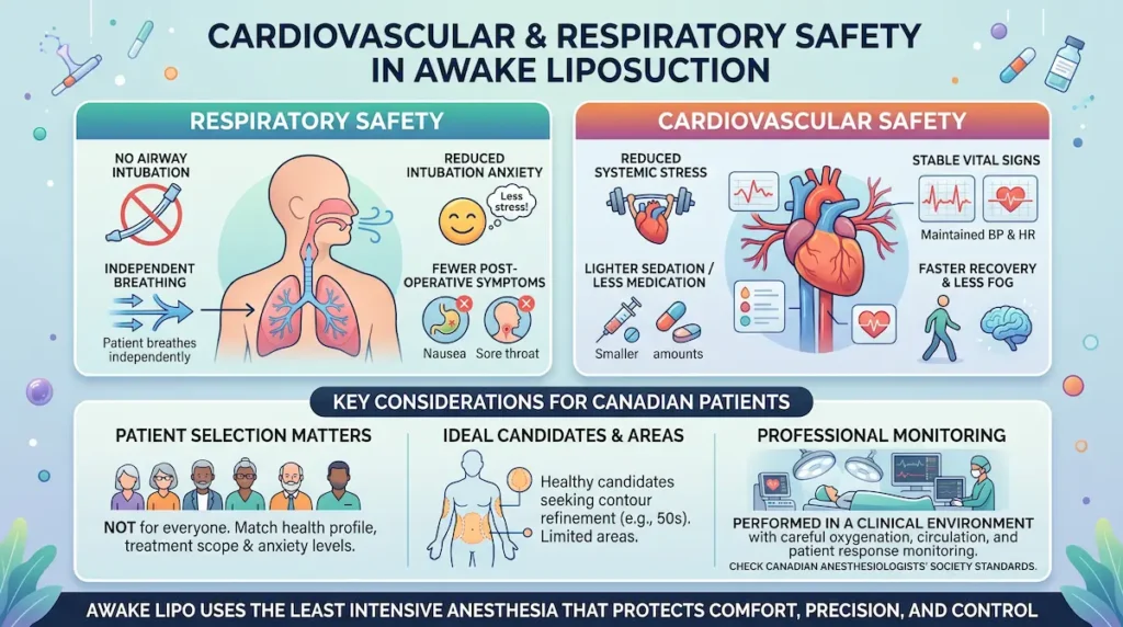 Awake lipo Turkey infographic explaining cardiovascular and respiratory safety with monitored local anesthesia.