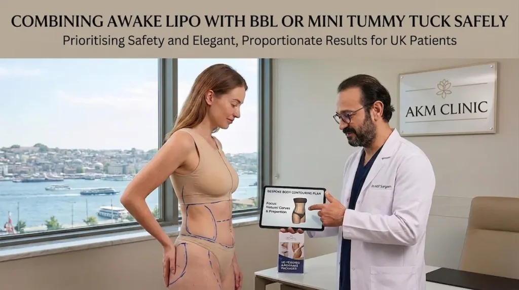 Awake lipo Turkey consultation showing safe planning for combined BBL or mini tummy tuck with proportionate body contouring.