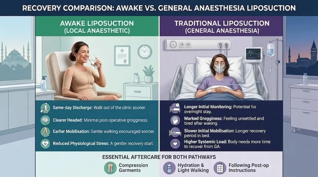 Awake lipo Turkey infographic comparing recovery after local anaesthesia and general anaesthesia liposuction.