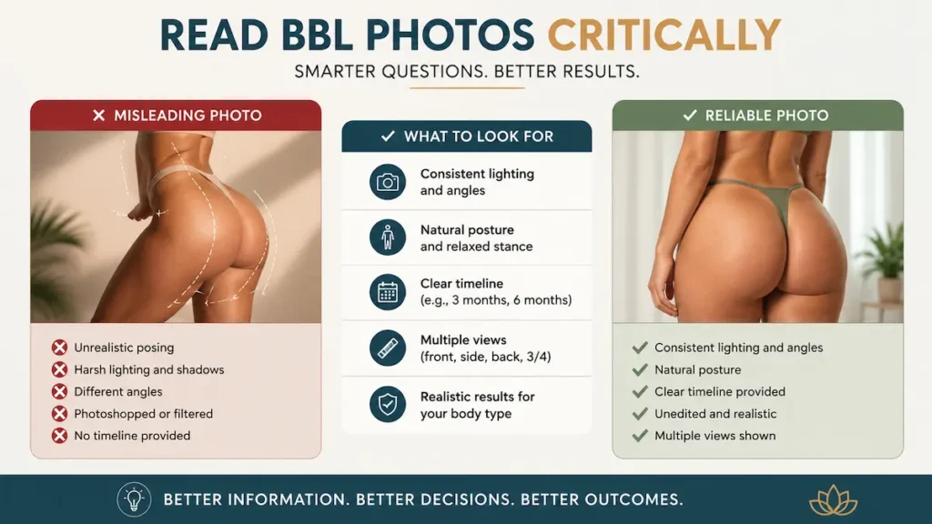 Natural looking awake BBL results guide showing reliable BBL before and after photo standards.