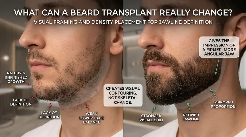 Beard transplant Turkey comparison image showing before and after jawline definition, improved beard density, and stronger lower-face framing.