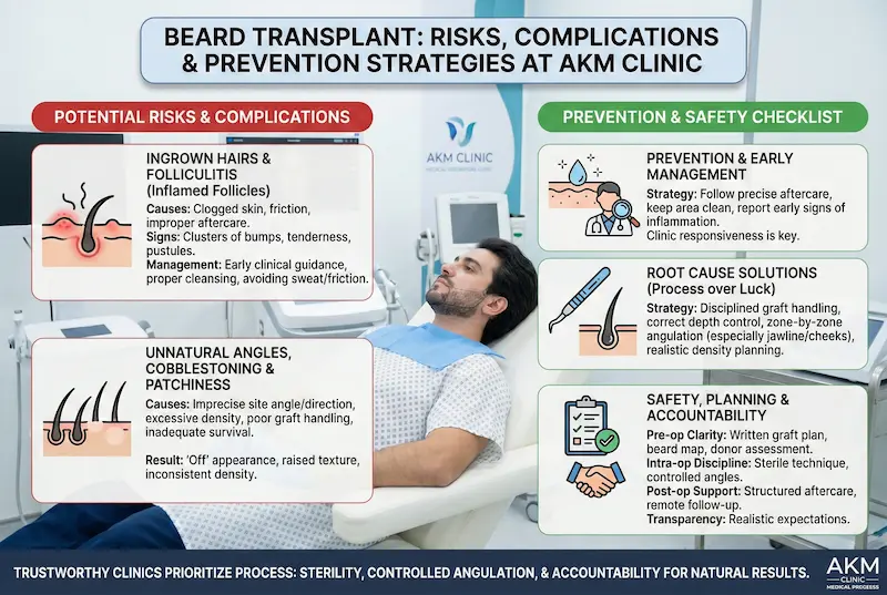 Beard transplant risks and complications infographic showing prevention strategies, safety checklist, and causes like folliculitis, ingrown hairs, and unnatural angles.
