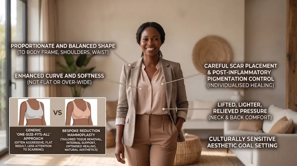 Breast reduction before and after black women infographic showing why bespoke planning, balanced shape, scar placement, and healing support matter.
