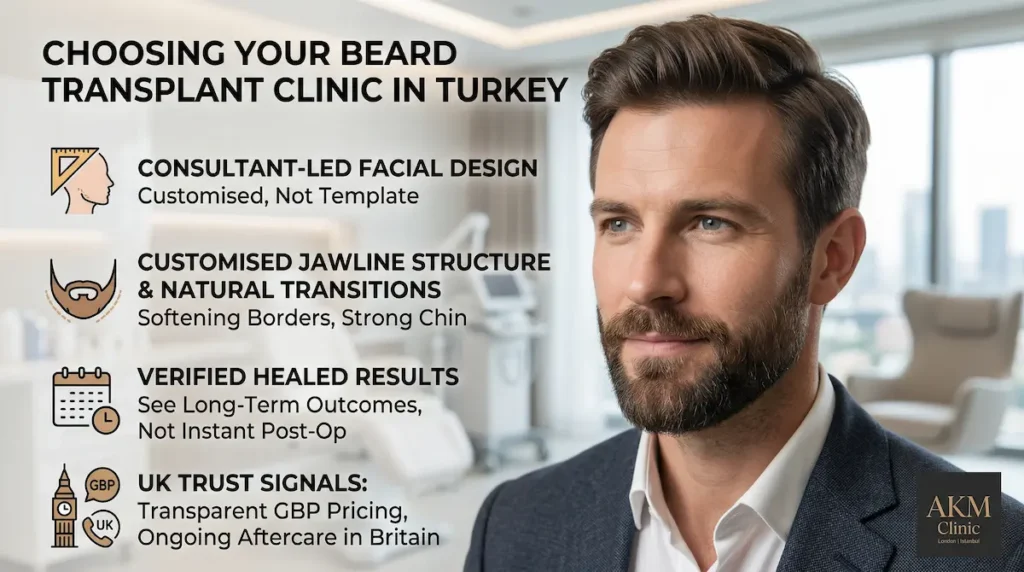 Beard transplant Turkey clinic selection graphic showing consultant-led design, healed results, and UK trust signals.
