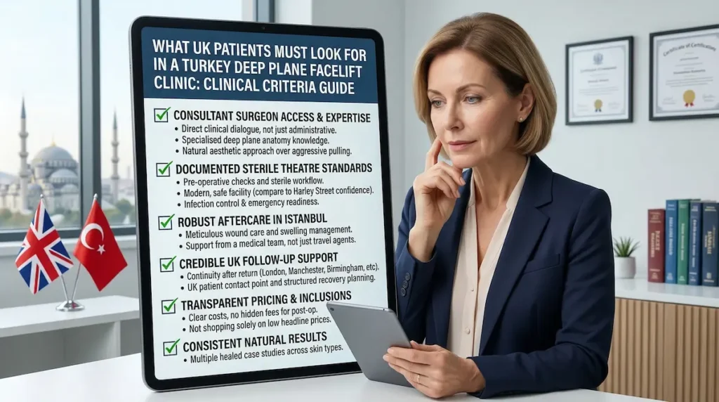 British patient reviewing the best deep plane facelift clinic in turkey criteria.