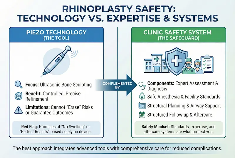 Choosing the best clinic in Istanbul for piezo rhinoplasty infographic comparing piezo technology vs clinic safety systems, expertise, and aftercare