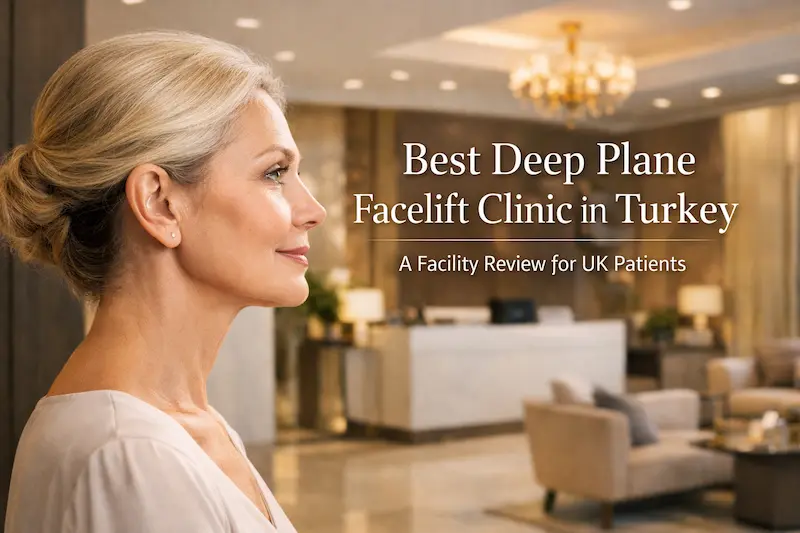 Promotional image for best deep plane facelift clinic in Turkey, showing a refined woman in profile in a modern Istanbul clinic reception area.