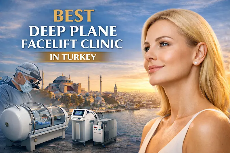A facility-focused visual for the best deep plane facelift clinic in Turkey, featuring an Istanbul skyline, a surgical team setting, and recovery-support technologies (HBOT and LLLT).